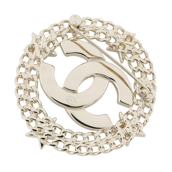CHANEL CC Logo Round Star Brooch Gold Plated/Rhinestone/Faux Pearl Champagne - Picture 2 of 8